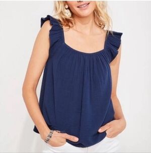 VINEYARD VINES Elegant Navy Ruffle  Sleeveless Blouse Size S